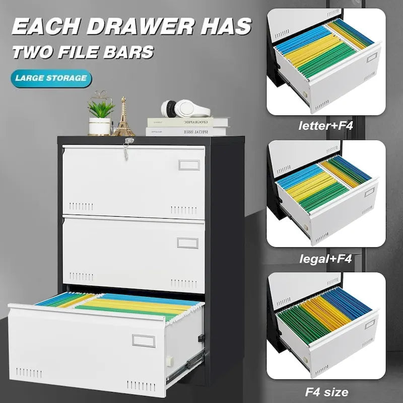 3-Drawer Metal Lateral File Cabinet with Lock