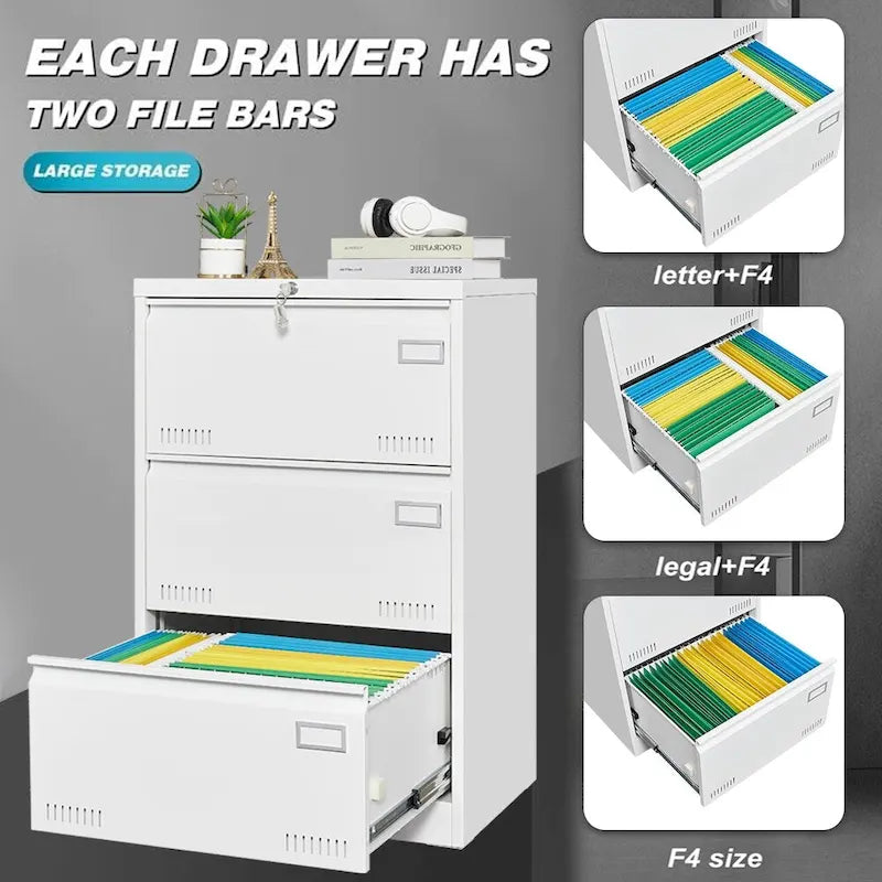 3-Drawer Metal Lateral File Cabinet with Lock