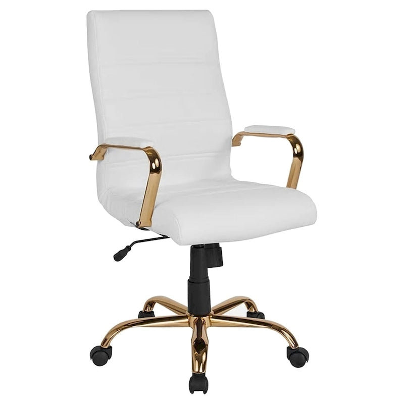 Galaxy High Back Horizontal Stitching White Leather Executive Adjustable Swivel Office Chair with Gold Frame