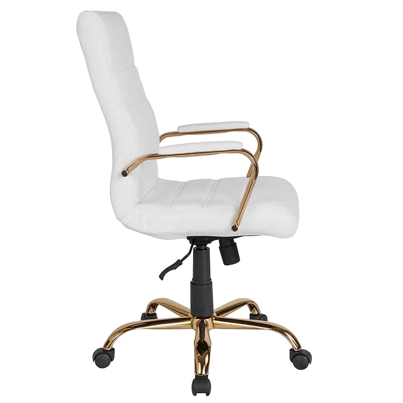 High Back White Leather Adjustable Swivel Office Chair with Gold Frame