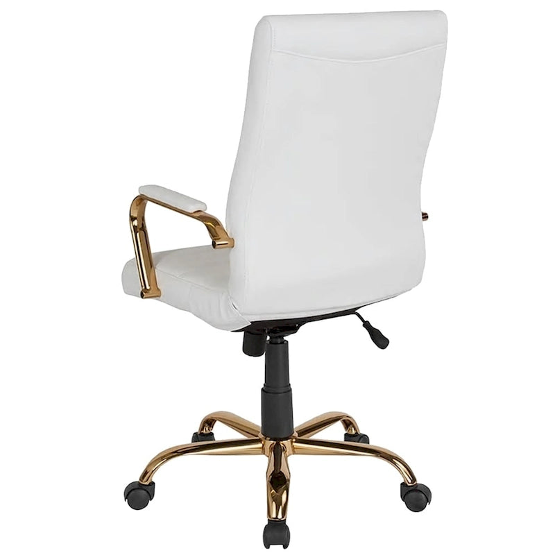 High Back White Leather Adjustable Swivel Office Chair with Gold Frame