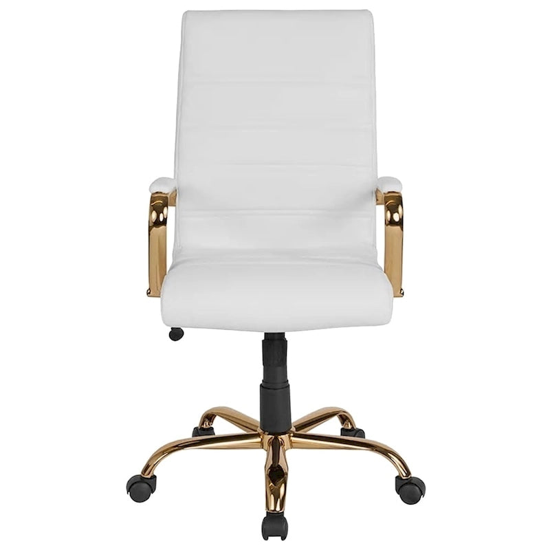 High Back White Leather Adjustable Swivel Office Chair with Gold Frame