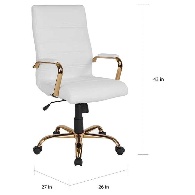 High Back White Leather Adjustable Swivel Office Chair with Gold Frame