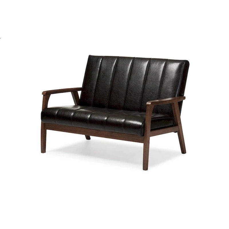 Mid-Century Modern Dark Brown Faux Leather Wooden 2-Seater Loveseat