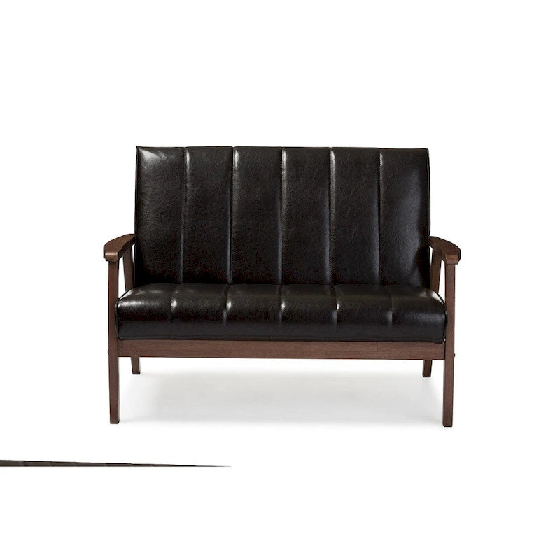 Mid-Century Modern Dark Brown Faux Leather Wooden 2-Seater Loveseat