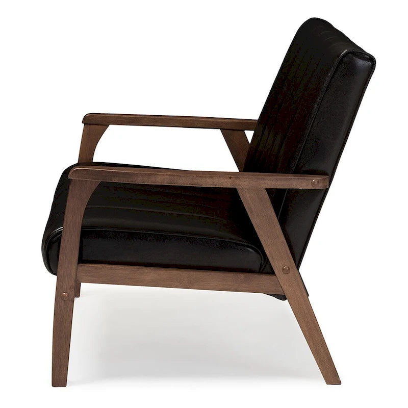Mid-Century Modern Dark Brown Faux Leather Wooden 2-Seater Loveseat