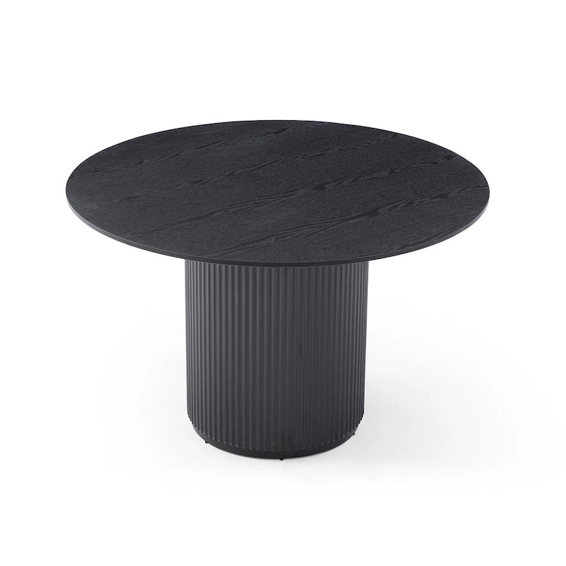 Black Round Dining Table with Oak Veneer Top and Pedestal Base