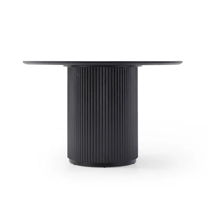 Black Round Dining Table with Oak Veneer Top and Pedestal Base