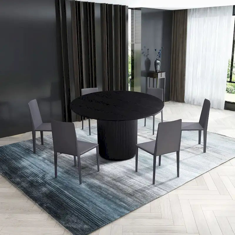 Black Round Dining Table with Oak Veneer Top and Pedestal Base