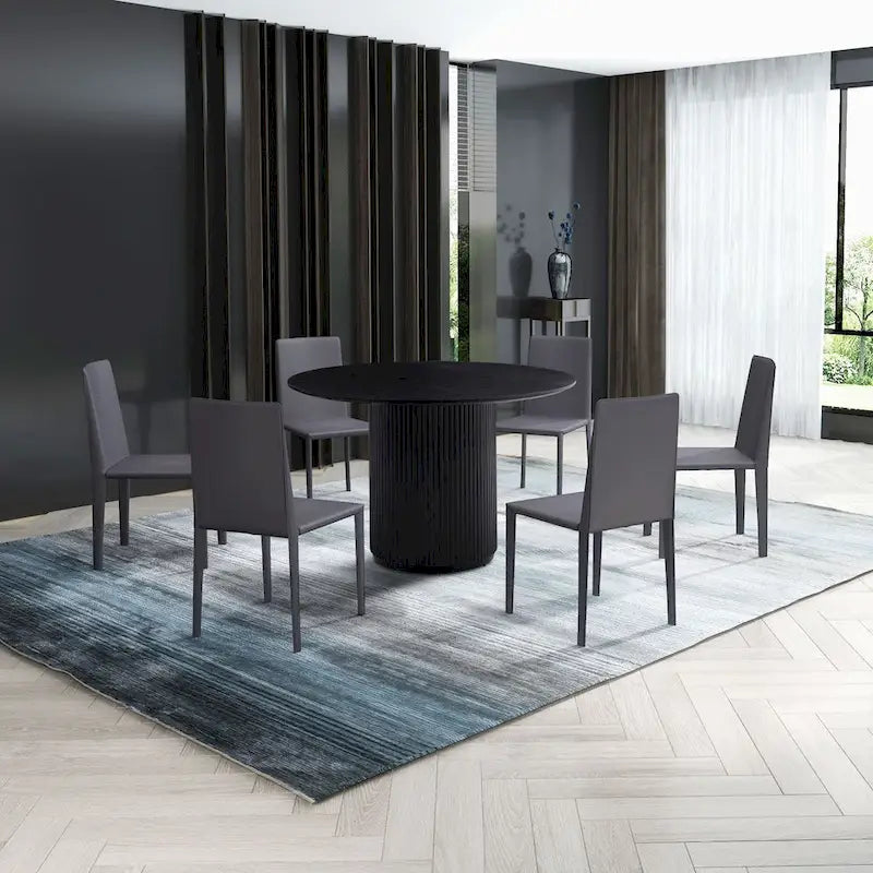 Black Round Dining Table with Oak Veneer Top and Pedestal Base