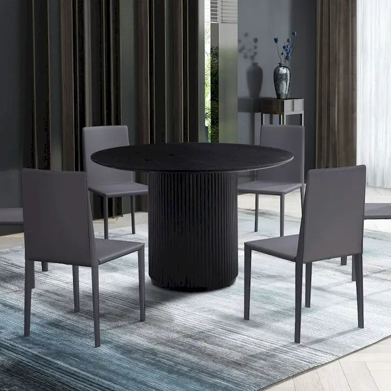 Black Round Dining Table with Oak Veneer Top and Pedestal Base