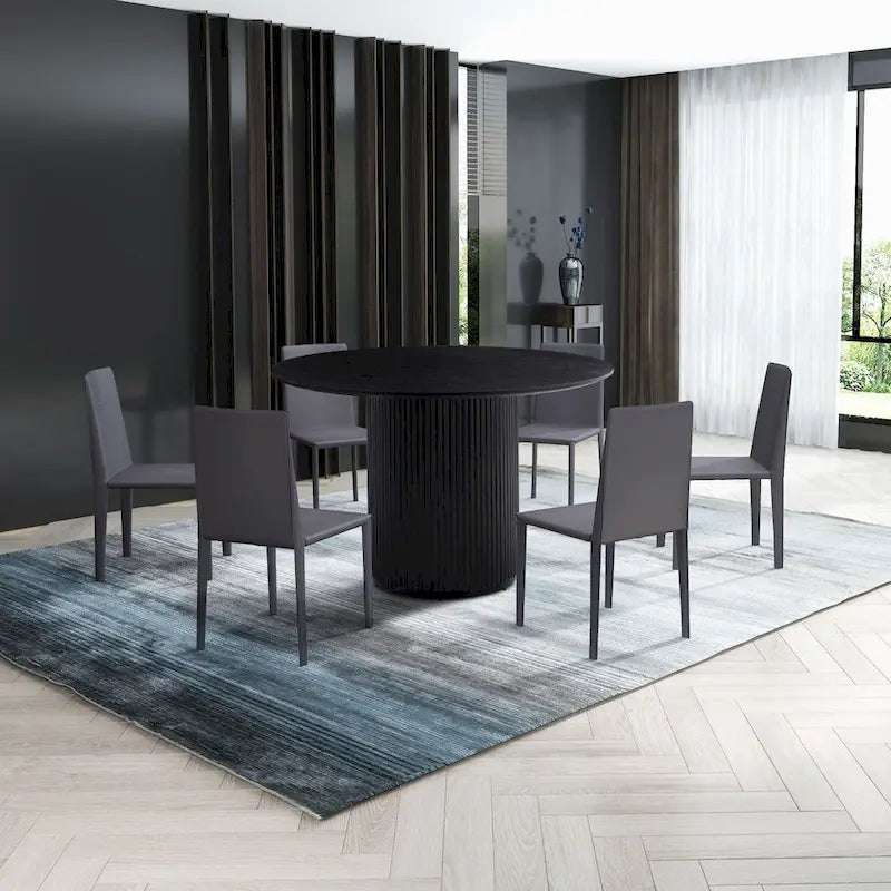 Black Round Dining Table with Oak Veneer Top and Pedestal Base