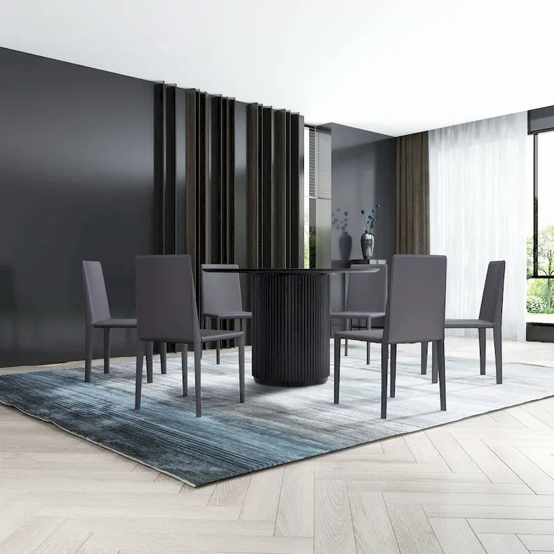 Black Round Dining Table with Oak Veneer Top and Pedestal Base