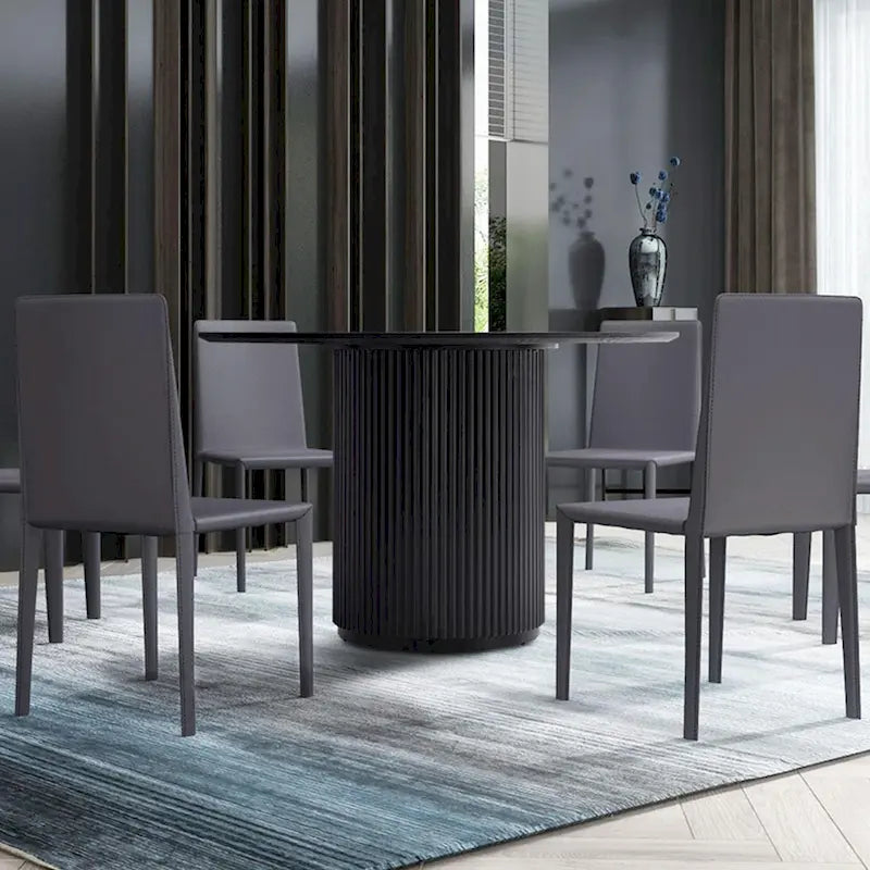 Black Round Dining Table with Oak Veneer Top and Pedestal Base
