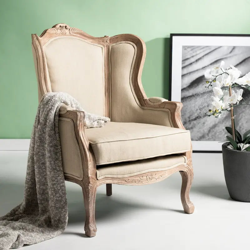 SAFAVIEH Couture Kali Oak Natural Linen Wing Chair - 34Wx34Dx40H