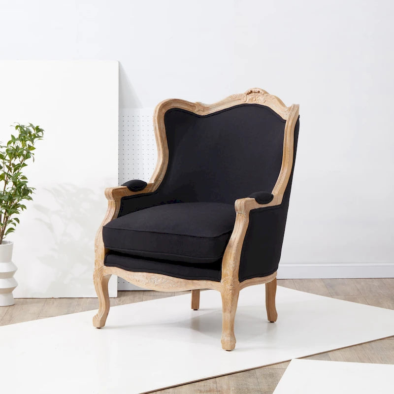 Oak and Natural Linen Wing Chair - 34W x 34D x 40H