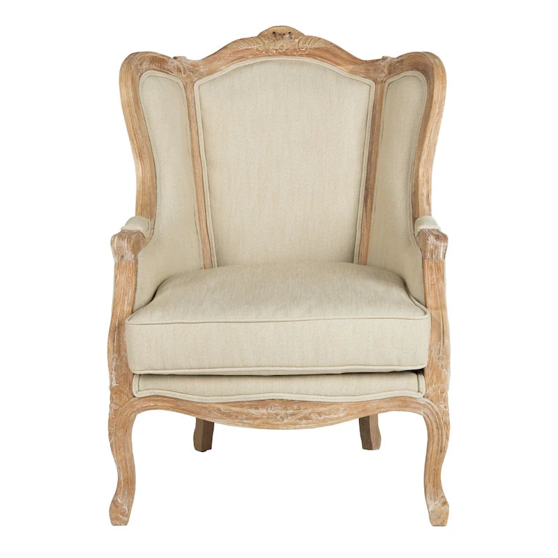 Oak and Natural Linen Wing Chair - 34W x 34D x 40H