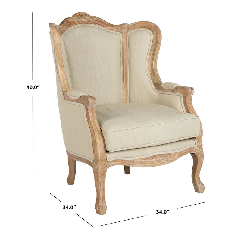 Oak and Natural Linen Wing Chair - 34W x 34D x 40H