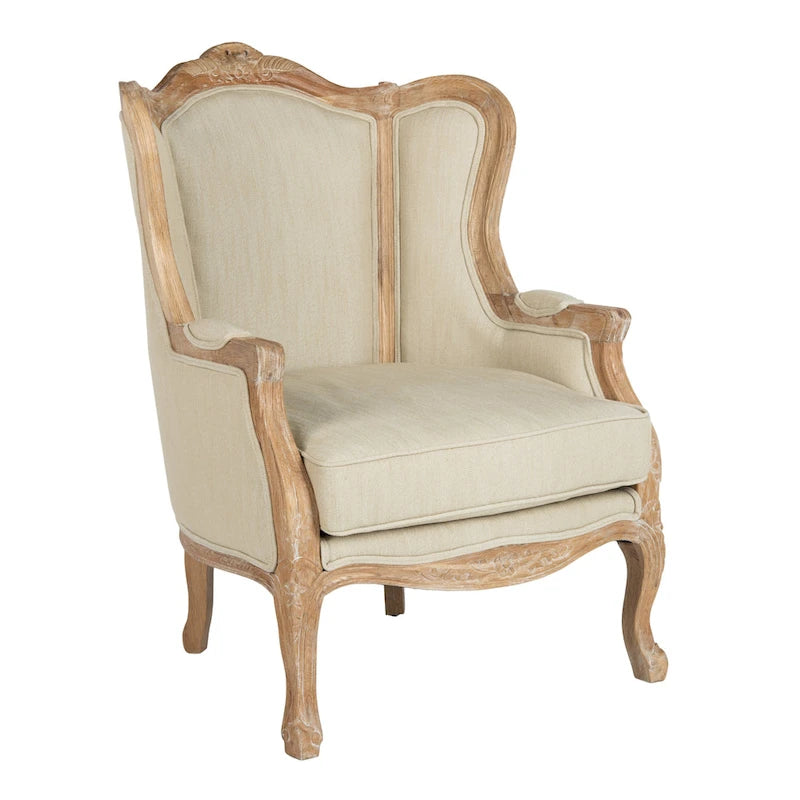Oak and Natural Linen Wing Chair - 34W x 34D x 40H