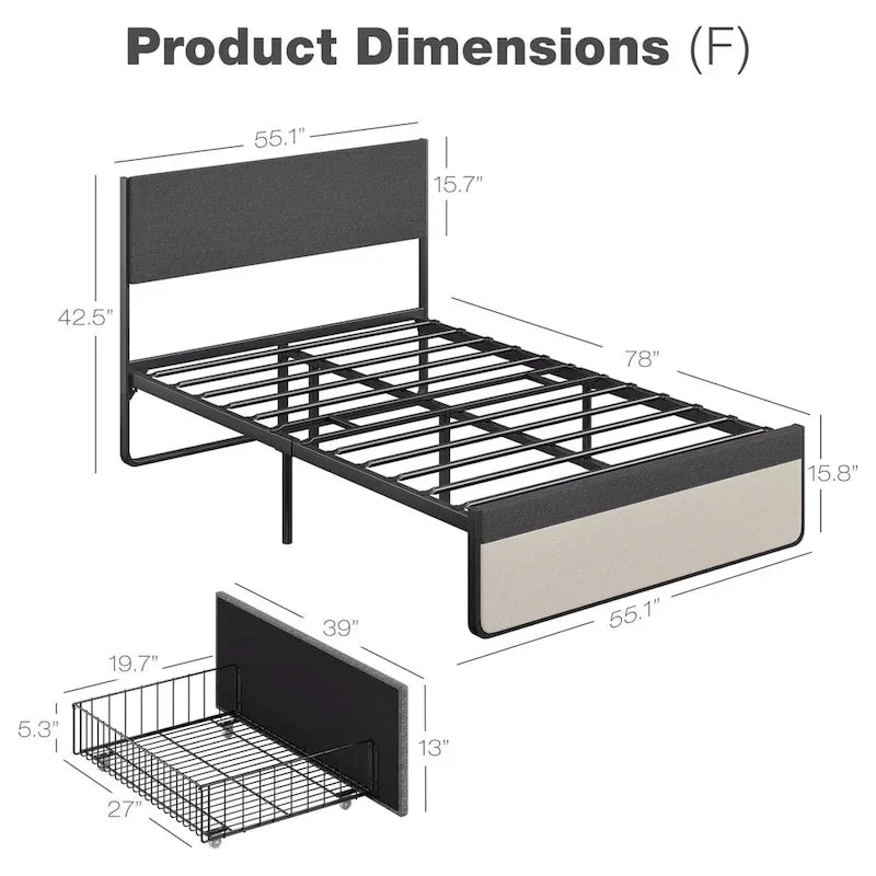 Grey Steel Bed Frame with Headboard and 2 Storage Drawers