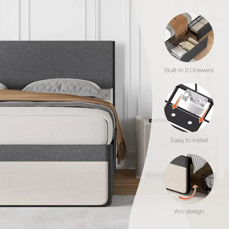 Grey Steel Bed Frame with Headboard and 2 Storage Drawers