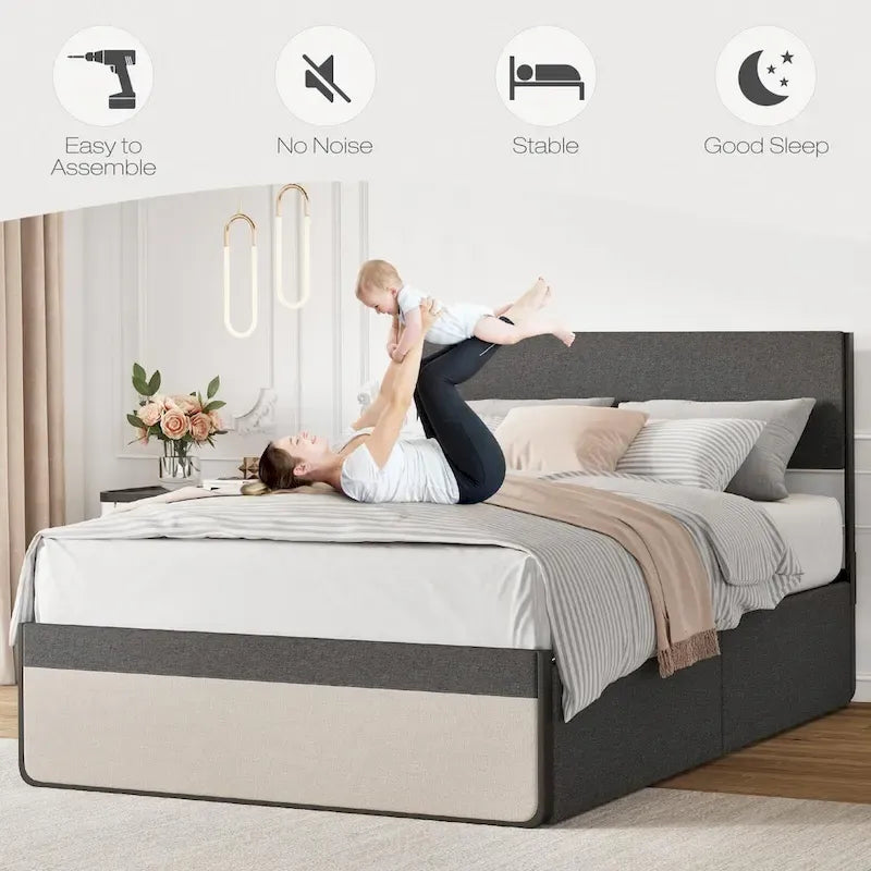 Grey Steel Bed Frame with Headboard and 2 Storage Drawers