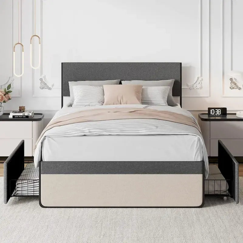 Grey Steel Bed Frame with Headboard and 2 Storage Drawers