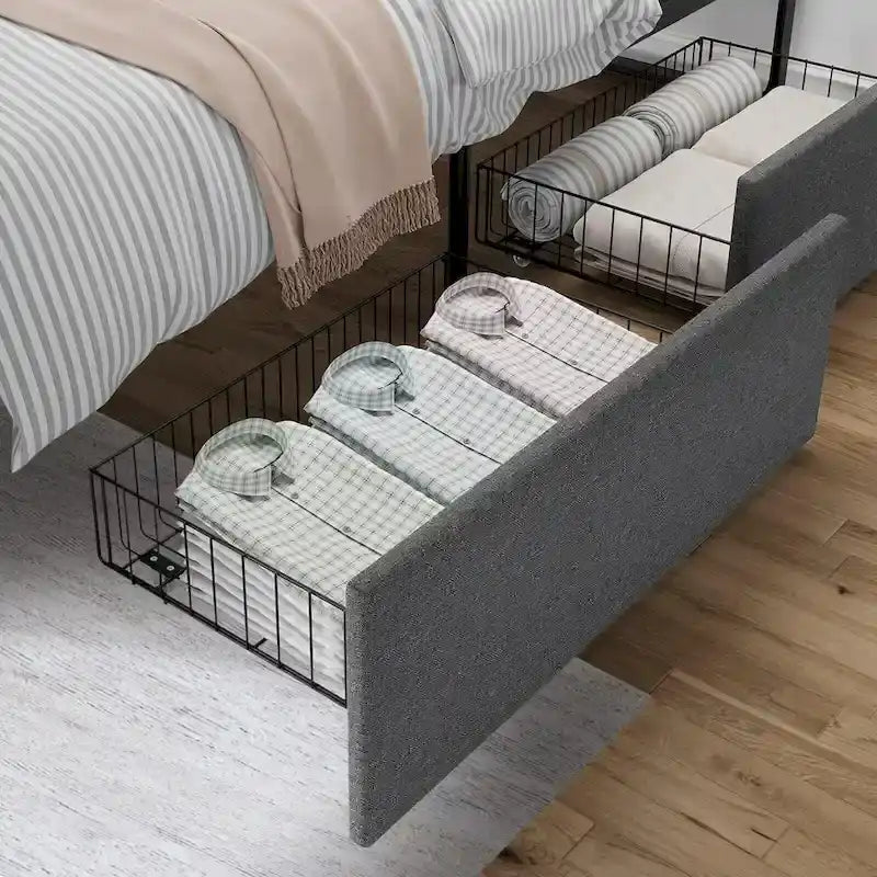 Grey Steel Bed Frame with Headboard and 2 Storage Drawers