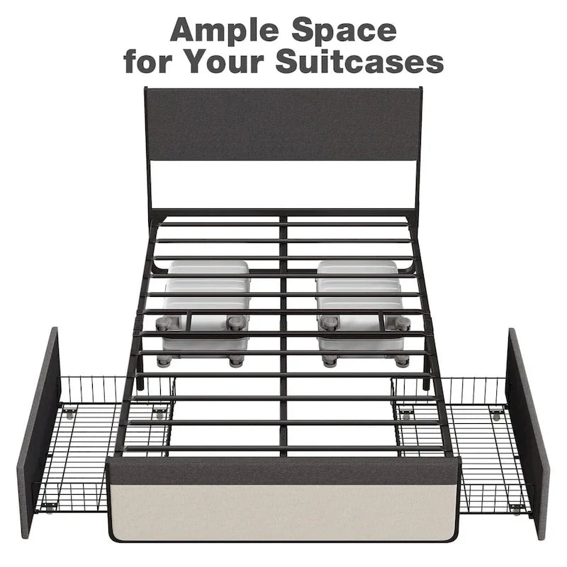 Grey Steel Bed Frame with Headboard and 2 Storage Drawers