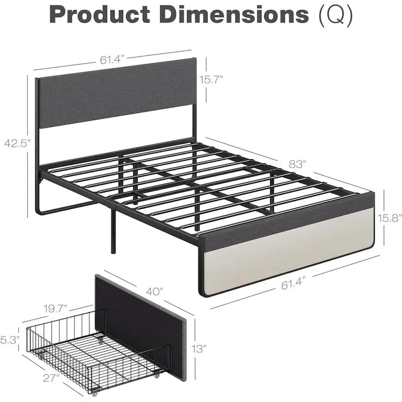 Grey Steel Bed Frame with Headboard and 2 Storage Drawers