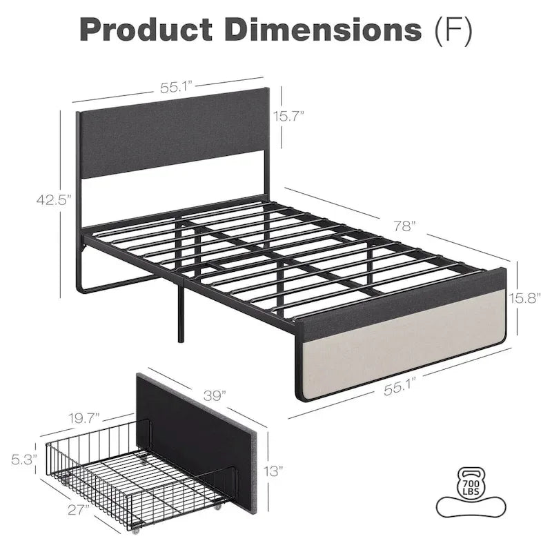 Grey Steel Bed Frame with Headboard and 2 Storage Drawers