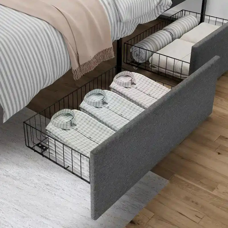 Grey Steel Bed Frame with Headboard and 2 Storage Drawers