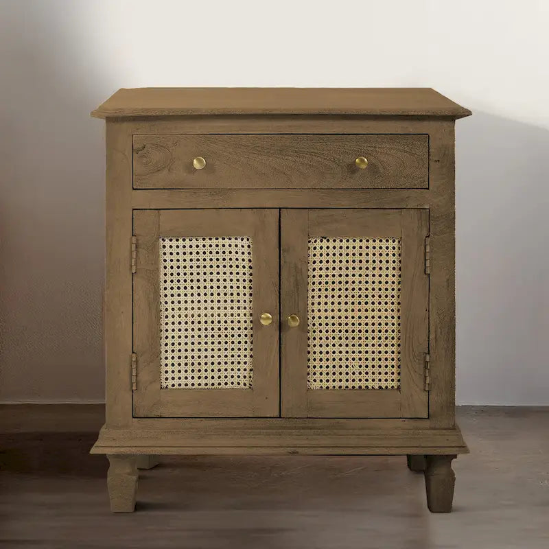 30-Inch Brown Mango Wood Nightstand with Rattan Fronts and Storage Drawer