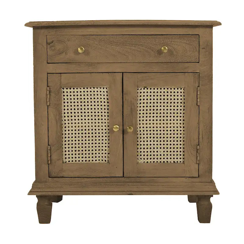 30-Inch Brown Mango Wood Nightstand with Rattan Fronts and Storage Drawer