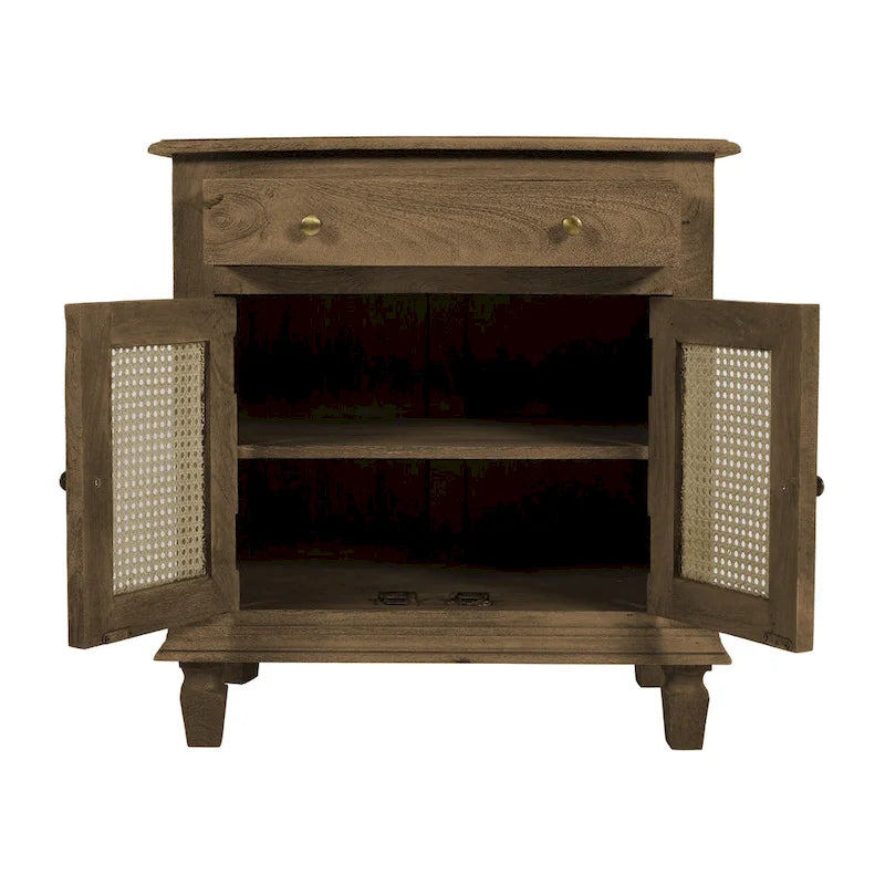 30-Inch Brown Mango Wood Nightstand with Rattan Fronts and Storage Drawer