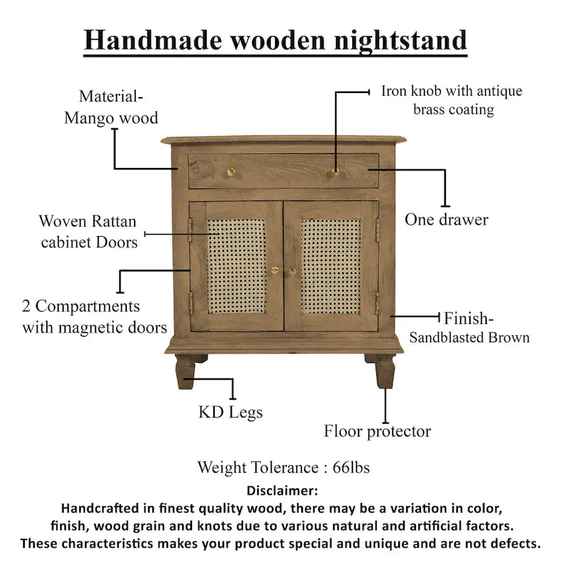 30-Inch Brown Mango Wood Nightstand with Rattan Fronts and Storage Drawer