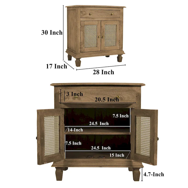 30-Inch Brown Mango Wood Nightstand with Rattan Fronts and Storage Drawer