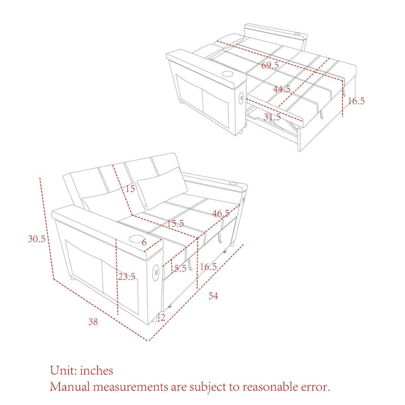 54-Inch 2-Seat Pull-Out Sofa Bed with Storage and USB Power Outlet