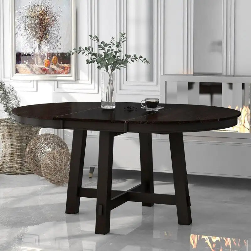 Round Extendable Wood Dining Table with X-Shaped Base