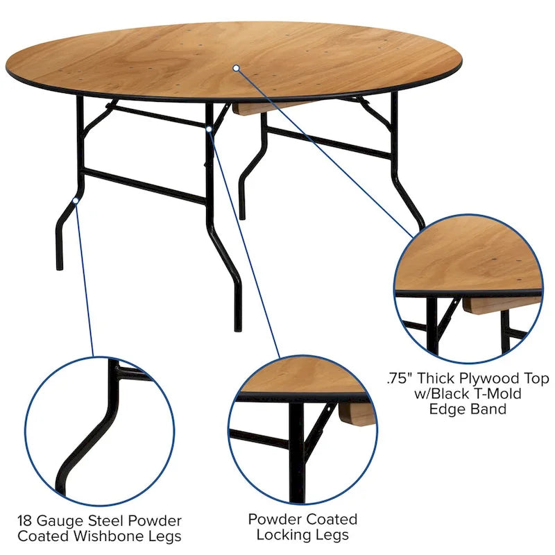 60-Inch Round Folding Banquet Table with Finished Wood Top