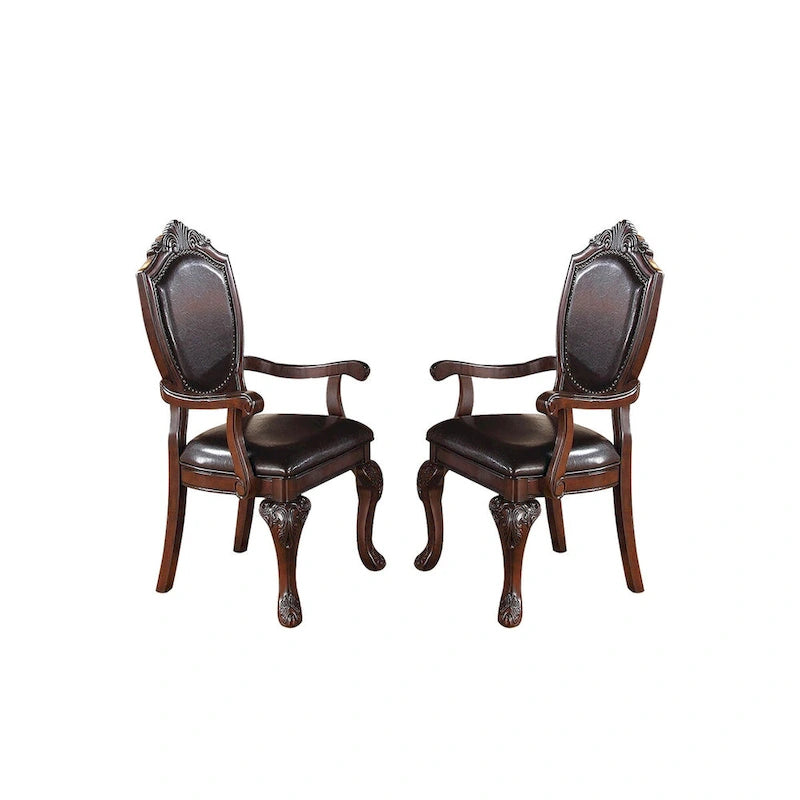 Dining Arm Chairs With Faux Leather Upholstery, Set Of 2, Dark Brown