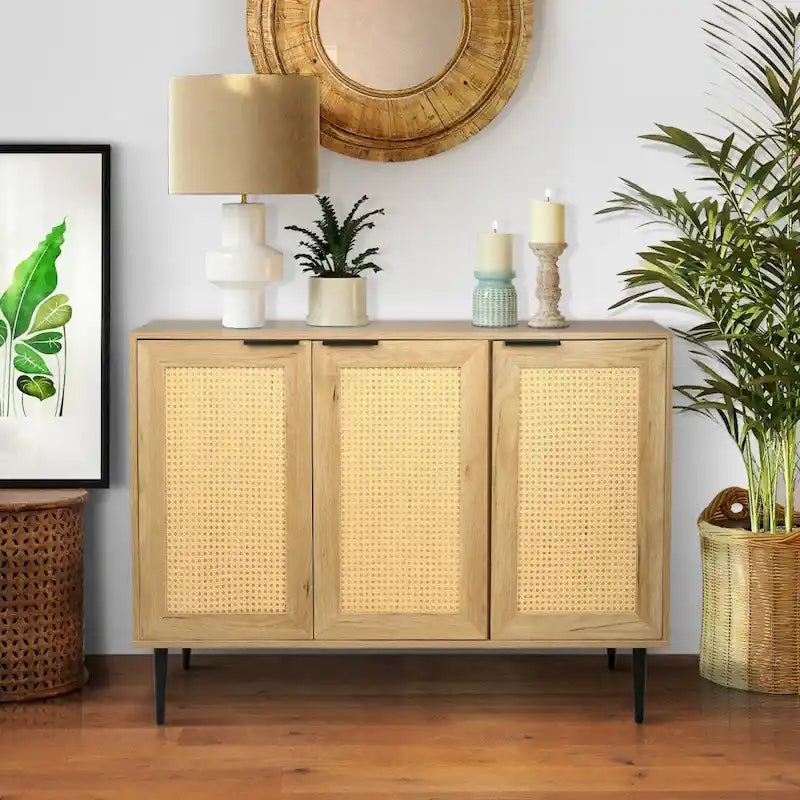 Wooden Storage Cabinet with 3 Rattan-Style Doors and Shelves