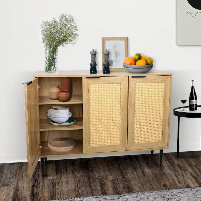 Wooden Storage Cabinet with 3 Rattan-Style Doors and Shelves
