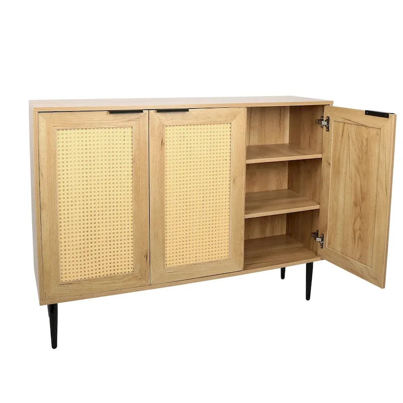 Wooden Storage Cabinet with 3 Rattan-Style Doors and Shelves
