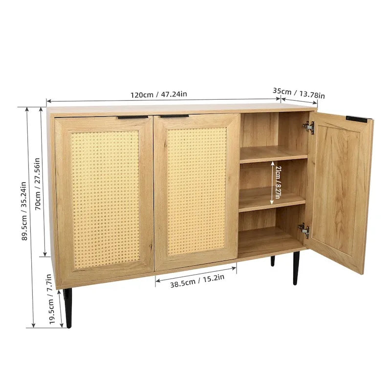 Wooden Storage Cabinet with 3 Rattan-Style Doors and Shelves