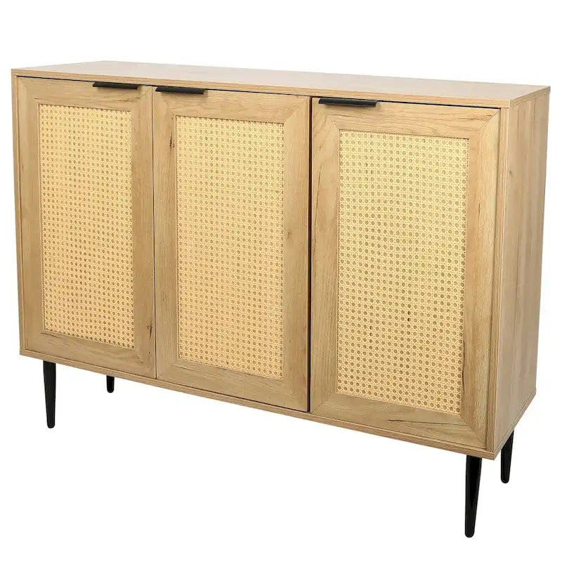 Wooden Storage Cabinet with 3 Rattan-Style Doors and Shelves