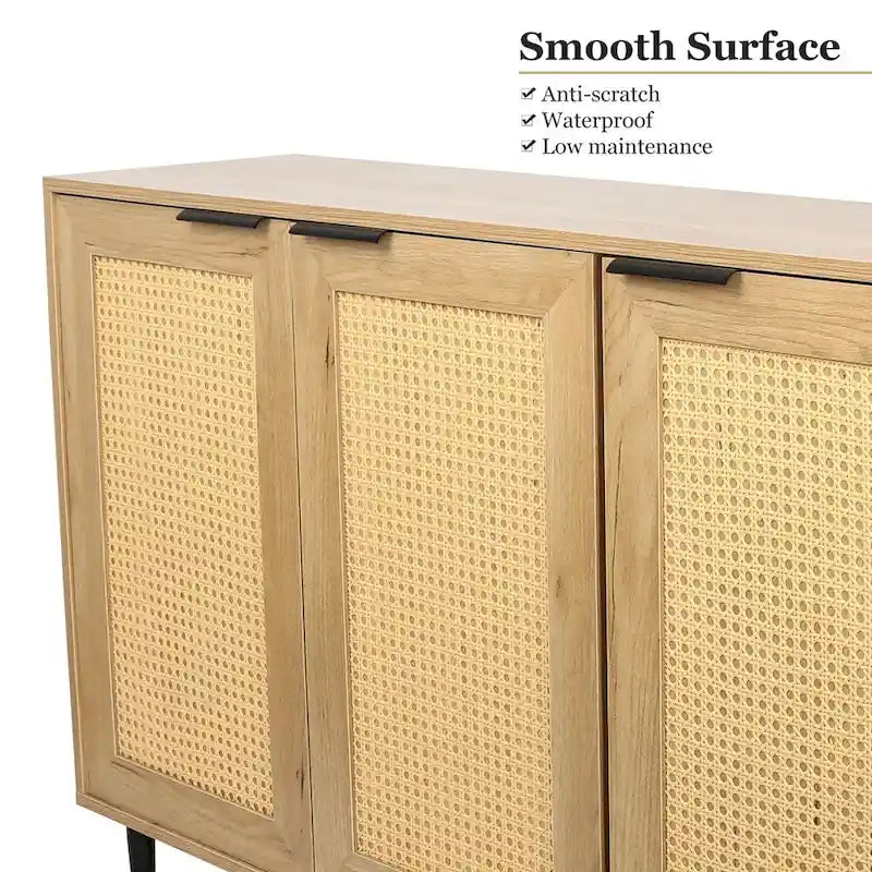 Wooden Storage Cabinet with 3 Rattan-Style Doors and Shelves
