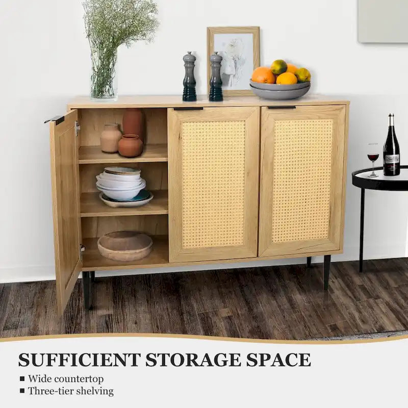 Wooden Storage Cabinet with 3 Rattan-Style Doors and Shelves