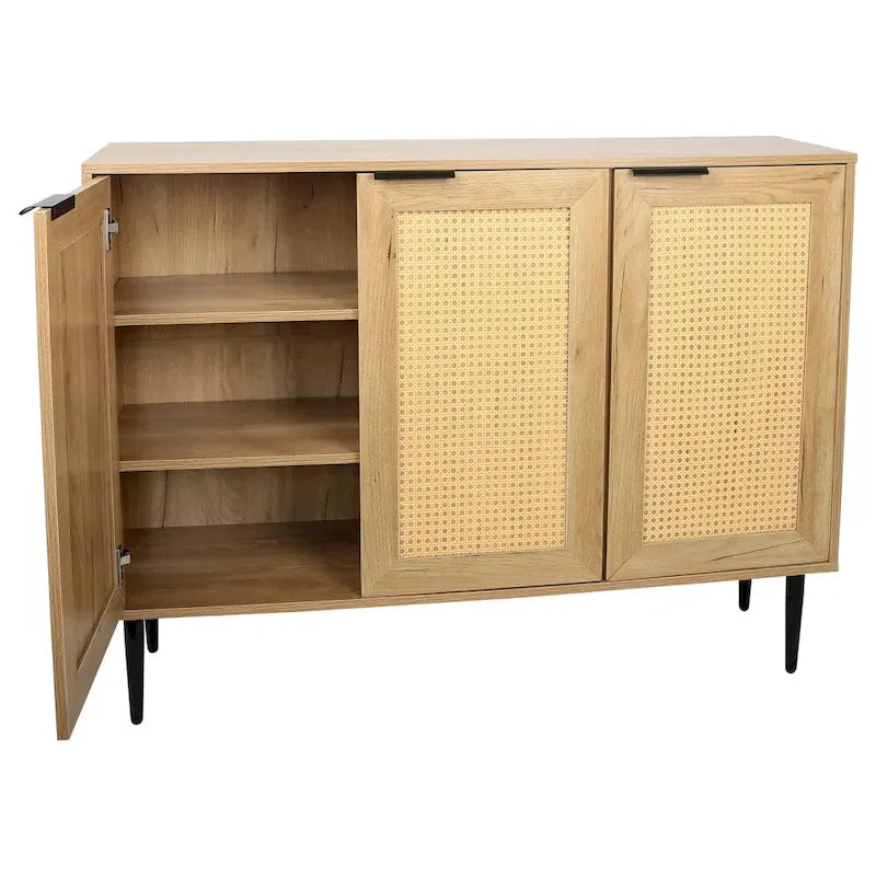 Wooden Storage Cabinet with 3 Rattan-Style Doors and Shelves