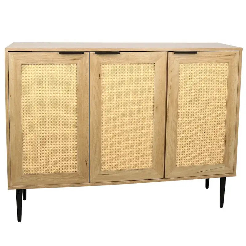 Wooden Storage Cabinet with 3 Rattan-Style Doors and Shelves